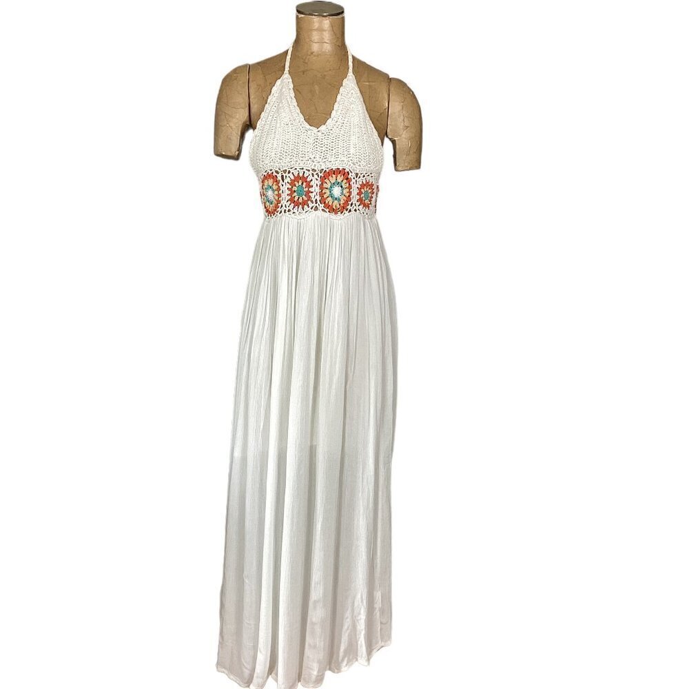 Earthbound Crochet Halter Top/Gauze Maxi Dress Sz S White Multi #266A - Picture 3 of 9